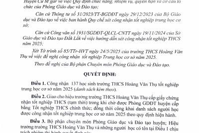Quyết định và danh sách người học được công nhận tốt nghiệp THCS, khóa ngày 26/05/2025